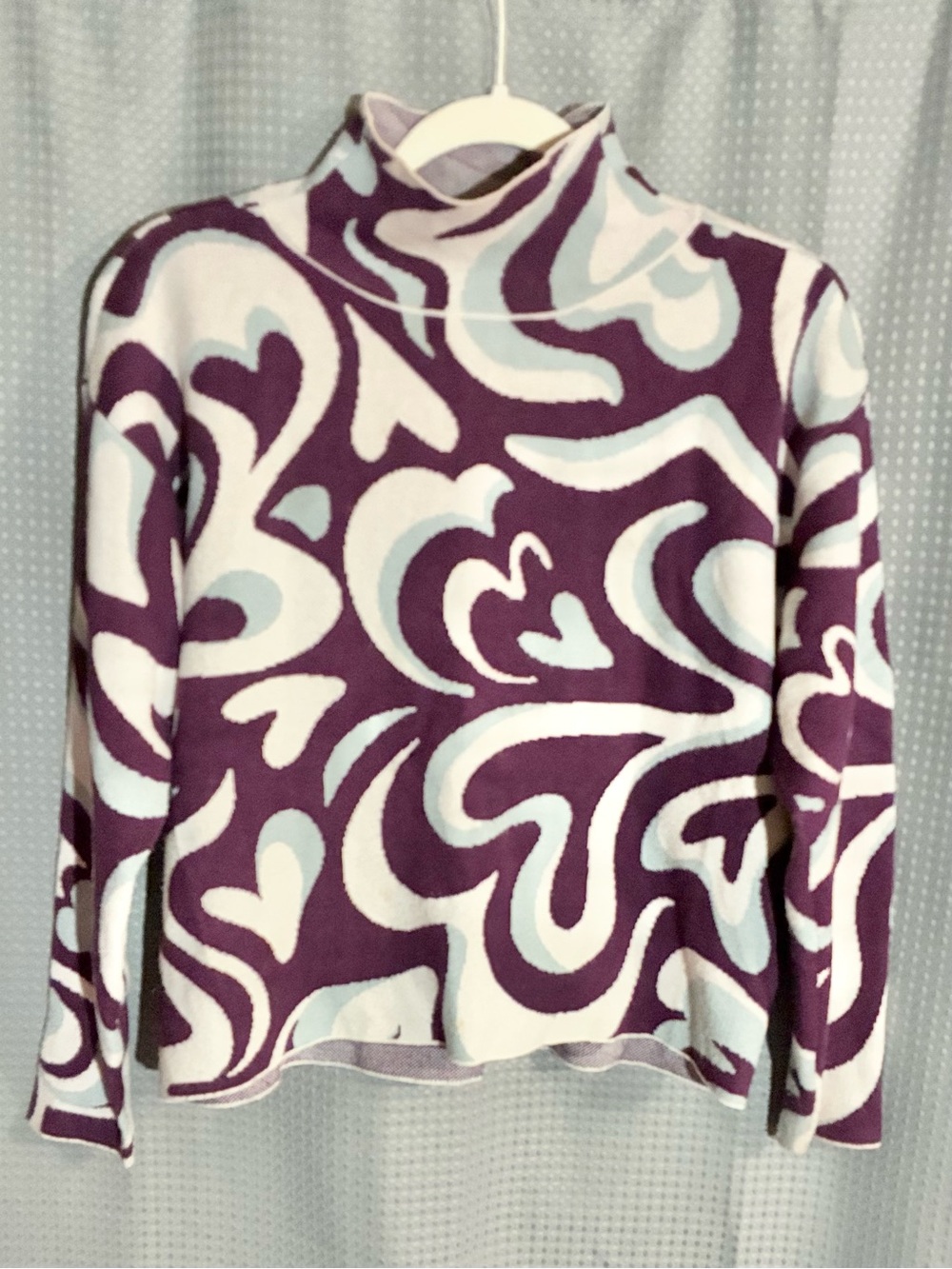 Maeve S Mock Neck Abstract Purple Print Sweater Hearts Long Sleeve